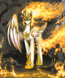 Size: 708x850 | Tagged: safe, artist:equum_amici, artist:santagiera, nightmare star, princess celestia, alicorn, pony, absurd file size, absurd gif size, animated, badass, cinemagraph, curved horn, epic, equestria is doomed, female, fire, glare, helmet, hilarious in hindsight, looking at you, majestic, mane of fire, mare, regalia, run, smirk, smoke, solo, spread wings, visual effects of awesome