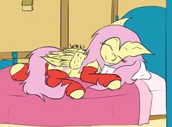 Size: 3025x2240 | Tagged: safe, artist:wapamario63, fluttershy, pegasus, pony, bed, clothes, cute, eyes closed, female, flat colors, folded wings, leggings, mare, pillow, shyabetes, sleeping, smiling, socks, solo, wings