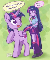 Size: 707x843 | Tagged: safe, artist:uotapo, twilight sparkle, twilight sparkle (alicorn), alicorn, pony, unicorn, equestria girls, dialogue, female, human ponidox, life size, mare, self ponidox, speech bubble, square crossover