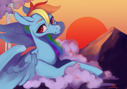 Size: 3508x2480 | Tagged: safe, artist:slimeprnicess, rainbow dash, pegasus, pony, cloud, female, landscape, mare, solo