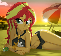 Size: 980x900 | Tagged: safe, artist:ta-na, sunset shimmer, equestria girls, forgotten friendship, adorasexy, alcohol, backlighting, beach, beach babe, beach umbrella, beautiful, beautisexy, beer, belly button, bikini, bikini babe, bikini bottom, bikini top, black swimsuit, blurry background, bracelet, clothes, cloud, cute, cutie mark on clothes, eyelashes, female, jewelry, lens flare, looking at you, midriff, ocean, on side, outdoors, pun, sand, sexy, shimmerbetes, sky, smiling, solo, stupid sexy sunset shimmer, summer sunset, sun, sunset, swimsuit, tan, visual pun