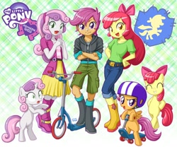 Size: 900x750 | Tagged: safe, artist:uotapo, apple bloom, scootaloo, sweetie belle, pony, equestria girls, adorabloom, bipedal, boots, clothes, crusaderbetes, cute, cutealoo, cutie mark crusaders, diasweetes, equestria girls logo, human ponidox, self ponidox, shoes, skirt, uotapo is trying to murder us
