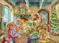 Size: 1024x747 | Tagged: safe, artist:the-wizard-of-art, artist:wizard-of-art, apple bloom, applejack, big macintosh, bright mac, granny smith, pear butter, earth pony, pony, apple family, apple siblings, apple sisters, applejack's hat, baby, baby apple bloom, baby pony, bipedal, bipedal leaning, blonde, blonde mane, blonde tail, brother and sister, cheek fluff, chest fluff, christmas, christmas tree, colt, colt big macintosh, cookie, cowboy hat, cute, days gone by, ear fluff, family, father and child, father and daughter, father and son, female, filly, filly applejack, fireplace, fluffy, foal, food, freckles, grandmother and grandchild, grandmother and granddaughter, grandmother and grandson, green eyes, grin, hat, hearth's warming, holiday, hoof hold, hug, leaning, leg fluff, lidded eyes, male, mare, mother and child, mother and daughter, mother and daughter-in-law, mother and son, mug, neck fluff, one eye closed, open mouth, parent and child, pigtails, pointing, present, reaching, siblings, sisters, smiling, stallion, traditional art, tree, twintails, underhoof, unshorn fetlocks, watercolor, watercolor safe, window, wink, younger