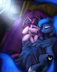 Size: 2075x2600 | Tagged: safe, artist:fidzfox, princess luna, twilight sparkle, twilight sparkle (alicorn), alicorn, pony, bed, comforting, crying, cuddling, cute, ethereal mane, female, hoof shoes, hug, lesbian, lunabetes, mare, shipping, sleeping, spooning, starry mane, sweet dreams fuel, twiabetes, twiluna, wing blanket, winghug