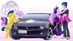 Size: 981x560 | Tagged: safe, artist:uotapo, flash sentry, twilight sparkle, twilight sparkle (alicorn), alicorn, pegasus, pony, equestria girls, equestria girls (movie), big crown thingy, blushing, boots, car, carrying, chevrolet, chevrolet camaro, clothes, crown, dress, element of magic, equestria girls logo, female, flash sentry's car, flashlight, high heel boots, human ponidox, jewelry, male, mare, ponytail, regalia, shipping, shoes, sneakers, square crossover, stallion, straight, tuxedo, twilight ball dress, twolight, wings