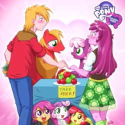 Size: 1000x1000 | Tagged: safe, artist:uotapo, apple bloom, big macintosh, cheerilee, scootaloo, sweetie belle, equestria girls, hearts and hooves day (episode), apple, blushing, cheeribetes, cheerimac, clothes, cute, cutie mark crusaders, equestria girls logo, female, human ponidox, macabetes, male, plate, shipper on deck, shipping, skirt, square crossover, straight, uotapo is trying to murder us