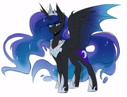 Size: 1250x950 | Tagged: safe, artist:cosmalumi, nightmare moon, alicorn, bat pony, bat pony alicorn, pony, bat wings, crown, fangs, female, horn, hybrid wings, jewelry, looking at you, mare, regalia, simple background, slit eyes, solo, white background, wings