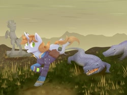 Size: 2560x1920 | Tagged: safe, artist:djkaskan, big macintosh, oc, oc:littlepip, alligator, pony, unicorn, fallout equestria, clothes, fanfic, fanfic art, female, galloping, grass, hooves, horn, mare, memorial, open mouth, pipbuck, radigator, saddle bag, solo, vault suit