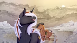 Size: 2560x1440 | Tagged: safe, artist:djkaskan, oc, oc only, oc:calamity, oc:littlepip, oc:velvet remedy, pegasus, pony, unicorn, fallout equestria, battle saddle, clothes, cloud, cloudy, cowboy hat, dashite, eyes closed, fanfic, fanfic art, female, gun, hat, hooves, horn, male, mare, open mouth, pipbuck, railroad, rifle, singing, stallion, vault suit, weapon, wings