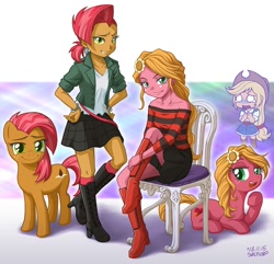 Size: 900x868 | Tagged: safe, artist:uotapo, idw, applejack, babs seed, sunflower (character), pony, equestria girls, alternate cutie mark, equestria girls-ified, female, human ponidox, observer, older, self ponidox, siblings, sisters