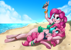 Size: 1612x1139 | Tagged: safe, artist:dankflank, pinkie pie, earth pony, pony, equestria girls, armpits, beach, blue swimsuit, bracelet, clothes, cute, diapinkes, drawthread, feet, female, fluffy, frilled swimsuit, green swimsuit, human ponidox, jewelry, lying down, mare, missing cutie mark, navel cutout, on side, one-piece swimsuit, self ponidox, selfie, smiling, swimsuit, tongue out