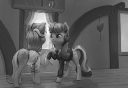 Size: 2275x1567 | Tagged: safe, artist:rhorse, bon bon, lyra heartstrings, sweetie drops, earth pony, pony, unicorn, /mlp/, :t, bell, black and white, clothes, duo, eye contact, female, grayscale, looking at each other, mare, monochrome, necktie, raised hoof, sugarcube corner, suit, the honeymooners, window