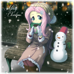 Size: 800x800 | Tagged: safe, artist:uotapo, fluttershy, equestria girls, christmas, clothes, female, hat, mittens, scarf, snow, snowfall, solo, winter, winter outfit