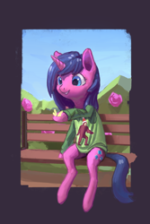 Size: 1850x2764 | Tagged: safe, artist:rhorse, oc, oc:fizzy pop, butterfly, pony, semi-anthro, unicorn, bench, bigfoot, clothes, cute, design, female, flower, grin, looking at something, low poly, mare, ocbetes, park, rose, shirt, shirt design, smiling, solo