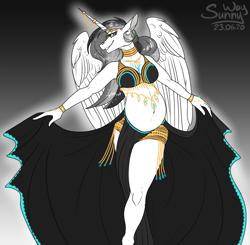 Size: 1019x1000 | Tagged: safe, artist:sunny way, princess celestia, alicorn, anthro, belly, belly dance, belly dancer, big belly, black and white, bracelet, clothes, dress, female, gradient background, grayscale, grin, horn, horn jewelry, jewelry, looking at you, mare, monochrome, neck rings, necklace, partial color, patreon, patreon reward, preglestia, pregnant, profile, sketch, smiling, smiling at you, solo, wings