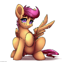 Size: 3000x3000 | Tagged: safe, artist:skitsroom, scootaloo, pegasus, pony, cute, cutealoo, female, filly, high res, raised hoof, simple background, sitting, solo, white background, wings