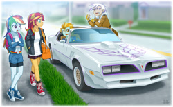 Size: 1200x750 | Tagged: safe, artist:uotapo, gilda, lightning dust, rainbow dash, sunset shimmer, equestria girls, angry, backpack, belly button, bike shorts, car, cigarette, clothes, converse, equestria girls-ified, female, grass, jacket, looking at each other, midriff, miniskirt, open mouth, pontiac firebird, shirt, shoes, shorts, skirt, smoking, sneakers, socks