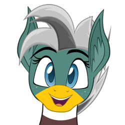 Size: 500x500 | Tagged: safe, artist:yudhaikeledai, oc, oc only, oc:duk, duck, duck pony, original species, blue eyes, bust, ear fluff, happy, looking at you, quack, quak, simple background, teeth, transparent background