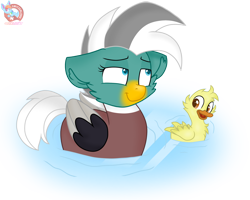 Size: 1998x1602 | Tagged: safe, artist:rainbow eevee, oc, oc:duk, bird, bird pone, duck, duck pony, pegasus, pony, cute, female, folded wings, happy, lake, lidded eyes, open mouth, pond, quack, quak, simple background, smiling, smirk, sticker, transparent background, water, wings