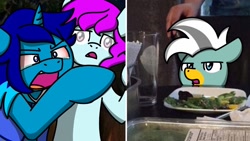 Size: 1024x576 | Tagged: safe, oc, oc:blooming corals, oc:duk, oc:night shine, bird, duck, duck pony, pegasus, unicorn, cat meme, crying, meme, quack, quak, wat, woman yelling at a cat, yelling