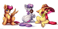 Size: 6000x3000 | Tagged: safe, artist:skitsroom, apple bloom, scootaloo, sweetie belle, earth pony, pegasus, pony, unicorn, adorabloom, applejack's hat, belly, butt, cheek fluff, chest fluff, clothes, cowboy hat, cute, cutealoo, cutie mark, diasweetes, dock, donut, ear down, female, filly, food, hat, high res, looking back, mouth hold, one eye closed, raised hoof, scarf, simple background, sitting, straw in mouth, sweetie butt, the cmc's cutie marks, underhoof, white background