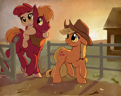 Size: 2951x2320 | Tagged: safe, artist:gsphere, apple bloom, applejack, big macintosh, earth pony, pony, adorabloom, apple family, apple siblings, applejack's hat, brother and sister, cowboy hat, cute, daaaaaaaaaaaw, family, female, fence, filly, freckles, hat, jackabetes, macabetes, male, mare, open mouth, ponies riding ponies, raised hoof, scenery, siblings, stallion, stetson, sunset, trio, wholesome, yoke