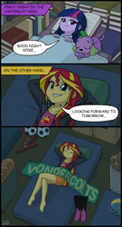 Size: 700x1301 | Tagged: safe, artist:uotapo, spike, sunset shimmer, twilight sparkle, dog, equestria girls, equestria girls (movie), arm behind head, barefoot, basketball, book, book bed, boots, clothes, comic, cute, dialogue, eyes closed, feet, female, football, grin, homeless, jacket, library, looking up, male, on back, paws, shoes, skirt, sleeping, smiling, smirk, speech bubble, spikabetes, spike the dog