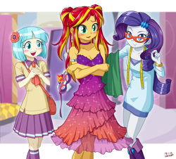 Size: 1000x905 | Tagged: safe, artist:uotapo, coco pommel, rarity, sunset shimmer, equestria girls, alternate hairstyle, beautiful, blushing, clothes, cocobetes, cute, dress, equestria girls-ified, female, glasses, glasses rarity, mask, open mouth, pigtails, raribetes, shimmerbetes, sleeveless, strapless, sunset helper, uotapo is trying to murder us