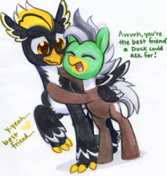 Size: 2004x2106 | Tagged: safe, artist:dawnfire, oc, oc only, oc:duk, oc:ping wing, bird, duck, duck pony, hippogriff, pegasus, penguin, pony, cute, friendzone, hug, nervous, pegaduck, quack, quak, traditional art