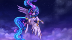 Size: 3377x1900 | Tagged: safe, artist:nyarmarr, princess celestia, alicorn, pony, cloud, flower in hair, flying, jewelry, looking at you, night, sky, smiling, solo, spread wings, stars, windswept mane