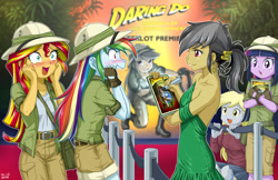 Size: 1081x700 | Tagged: safe, artist:uotapo, a.k. yearling, daring do, derpy hooves, rainbow dash, sunset shimmer, twilight sparkle, equestria girls, autograph, blushing, book, clothes, costume, cute, dashabetes, dress, equestria girls-ified, fangasm, fangirling, female, hat, hilarious in hindsight, movie premiere, open mouth, premiere, shimmerbetes, sunset helper