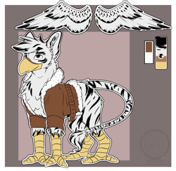 Size: 4335x4208 | Tagged: safe, artist:fizzykinsart, oc, oc only, oc:warren immelmann, hybrid, bomber jacket, leonine tail, reference sheet, stripes, talons, wings, zebragriff, zerb