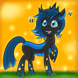 Size: 2000x2000 | Tagged: safe, artist:shinycyan, oc, oc only, oc:sinari, bee, changeling, changeling queen, insect, blue changeling, changeling oc, changeling queen oc, commission, fangs, female, grass, grass field, happy, looking at something, open mouth, open smile, smiling, solo, sunset