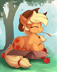 Size: 1520x1925 | Tagged: safe, artist:yakovlev-vad, applejack, earth pony, pony, apple, applecat, behaving like a cat, blonde, blonde mane, blonde tail, box, chest fluff, cowboy hat, cute, daaaaaaaaaaaw, eyes closed, female, food, hat, if i fits i sits, jackabetes, mare, pony in a box, ponyloaf, prone, solo, straw in mouth, tree, yakovlev-vad is trying to murder us