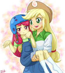 Size: 804x900 | Tagged: safe, artist:uotapo, apple bloom, applejack, equestria girls, somepony to watch over me, apple bloom is not amused, applejack's hat, blushing, bridal carry, carrying, clothes, cowboy hat, cute, female, freckles, hat, helmet, missing shoes, open mouth, overalls, siblings, sisters, skirt, socks, uotapo is trying to murder us