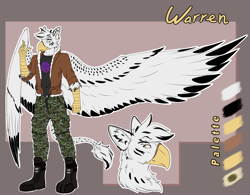 Size: 3200x2500 | Tagged: safe, artist:fizzykinsart, oc, oc only, oc:warren immelmann, anthro, hybrid, bomber jacket, boots, camouflage, clothes, leonine tail, reference sheet, shirt, stripes, talons, wings, zebragriff, zerb