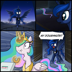 Size: 1000x1000 | Tagged: safe, artist:uotapo, princess celestia, princess luna, alicorn, pony, :t, balcony, caught, comic, crying, cute, cutelestia, donut, door, dramatic entrance, female, flying, food, frown, glowing eyes, horn grab, krispy kreme, levitation, long tail, magic, mare, night, open mouth, sad, sisters, speech bubble, spread wings, swallowing, tail, telekinesis, this will end in tears and/or death, wide eyes