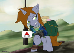 Size: 1400x1007 | Tagged: safe, artist:jeffk38uk, oc, oc only, oc:littlepip, pony, unicorn, fallout equestria, clothes, fanfic, fanfic art, female, hoarder, hoarding, hooves, horn, inventory, mare, over encumbered, pipbuck, saddle bag, solo, speech bubble, teeth, vault suit