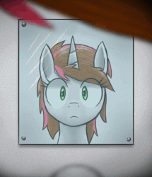 Size: 347x404 | Tagged: source needed, safe, artist:paper-pony, oc, oc only, oc:rosy stripes, pony, unicorn, fanfic:first pony view, animated, blinking, cute, fanfic, fanfic art, frown, human to pony, looking at you, mirror, pov, rule 63, solo, transformation, transgender transformation, wide eyes