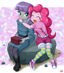 Size: 793x900 | Tagged: safe, artist:uotapo, maud pie, pinkie pie, equestria girls, maud pie (episode), blushing, boots, clothes, cute, diapinkes, eyes closed, female, hug, maudabetes, open mouth, shoes, shorts, sitting, smiling, sneakers, socks, striped socks, suspenders, uotapo is trying to murder us, when she smiles