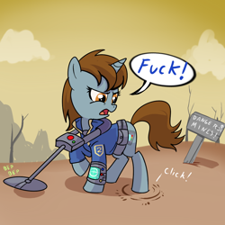 Size: 1000x1000 | Tagged: source needed, useless source url, safe, artist:madmax, oc, oc only, oc:littlepip, pony, unicorn, fallout equestria, artifact, better source needed, cloud, cutie mark, dead tree, fanfic, fanfic art, female, fuck, hooves, horn, imminent explosion, land mine, looking back, mare, metal detector, mine, minesweeper, open mouth, pipbuck, raised hoof, solo, swearing, this will end in death, this will end in explosions, this will end in pain, tree, vault suit, vulgar, wasteland