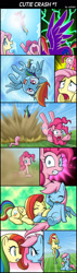 Size: 631x2220 | Tagged: safe, artist:uotapo, fluttershy, pinkie pie, rainbow dash, earth pony, pony, body swap, comic, crash, flying, fusion, palette swap