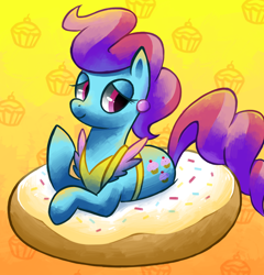 Size: 816x851 | Tagged: dead source, safe, artist:reuniclus, cup cake, earth pony, pony, apron, clothes, cute, donut, earring, female, food, looking back, looking down, mare, prone, smiling, solo, sprinkles