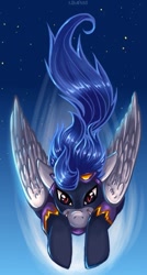 Size: 335x623 | Tagged: safe, artist:limreiart, nightshade, pegasus, pony, clothes, costume, female, flying, mare, photoshop, shadowbolts, shadowbolts costume, sky, solo, spread wings, wings