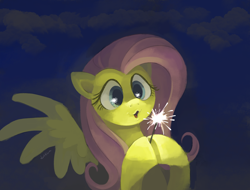 Size: 1312x996 | Tagged: safe, artist:dotkwa, fluttershy, pegasus, pony, bust, cloud, cute, eye reflection, female, hoof hold, hooves together, looking at something, mare, open mouth, painting, puckered lips, reflection, shyabetes, solo, sparkler (firework), spread wings, three quarter view, wings