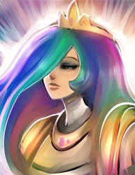 Size: 1095x1415 | Tagged: safe, artist:maniacpaint, princess celestia, human, armor, bedroom eyes, bust, eyeshadow, hair over one eye, humanized, looking at you, makeup, portrait, smiling, solo