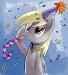 Size: 595x649 | Tagged: safe, artist:whitediamonds, derpy hooves, pegasus, pony, :t, confetti, cute, derpabetes, female, hat, mare, party hat, party horn, picasa, salute, solo