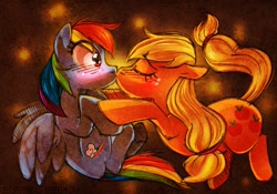 Size: 700x490 | Tagged: safe, artist:slydragon, applejack, rainbow dash, earth pony, pegasus, pony, appledash, blushing, female, kissing, lesbian, love, mare, shipping