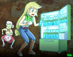 Size: 1000x785 | Tagged: safe, artist:uotapo, applejack, granny smith, equestria girls, leap of faith, dancing, drink, fallout, fallout 3, lunchlady smith, nuka cola, nuka cola quantum, radiation, refrigerator, this will end in cancer, this will end in tears and/or death, tonic