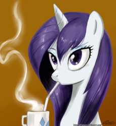 Size: 800x871 | Tagged: safe, artist:johnjoseco, rarity, pony, unicorn, adobe imageready, coffee, female, hot chocolate, loose hair, mare, solo, straw, wet, wet mane, wet mane rarity, wrong eye color